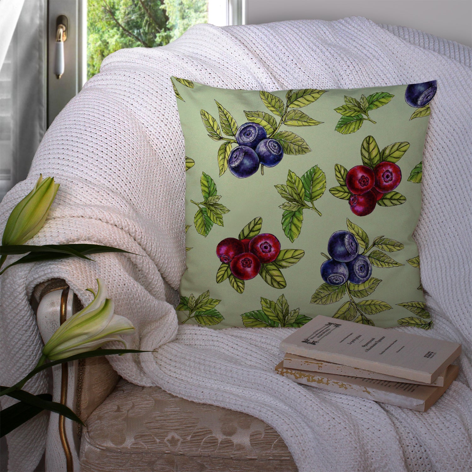 Berries in Green Fabric Decorative Pillow BB5208PW1414 - the-store.com