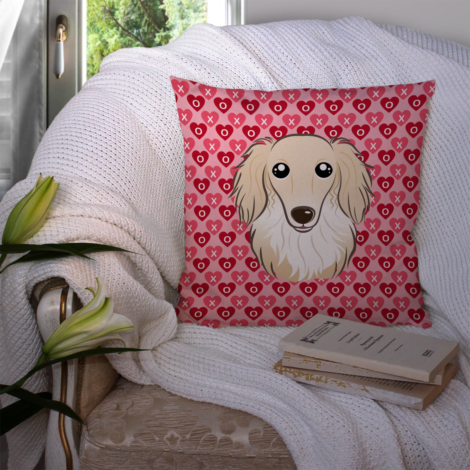 Longhair Creme Dachshund Hearts Fabric Decorative Pillow BB5282PW1414 - the-store.com