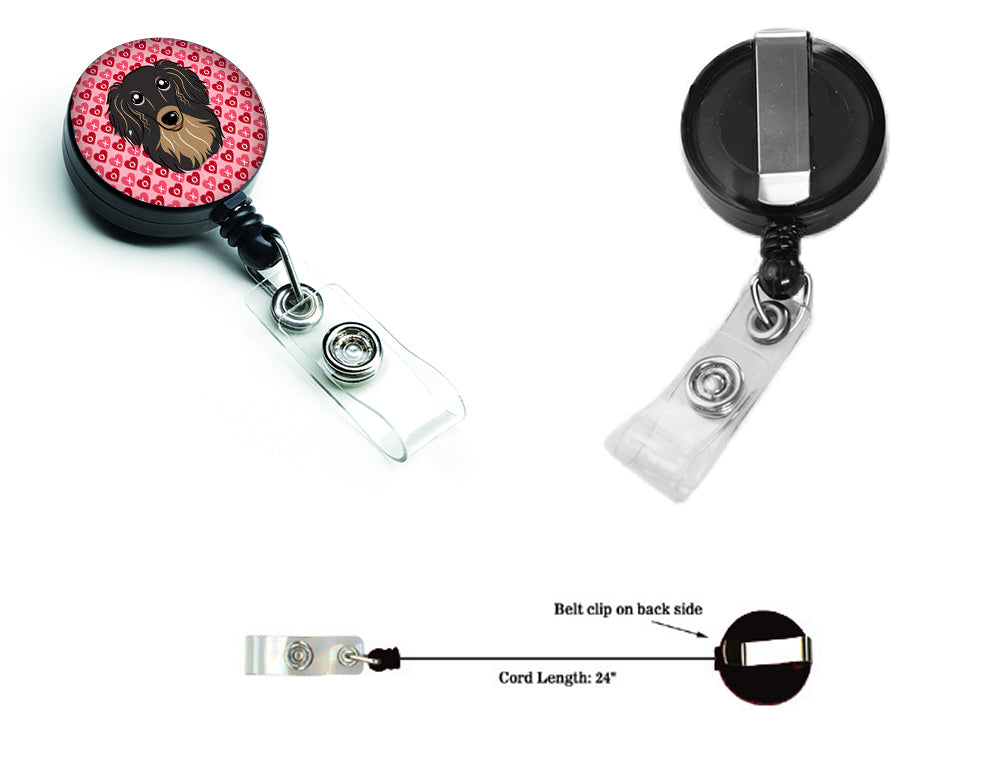Longhair Black and Tan Dachshund Hearts Retractable Badge Reel BB5283BR