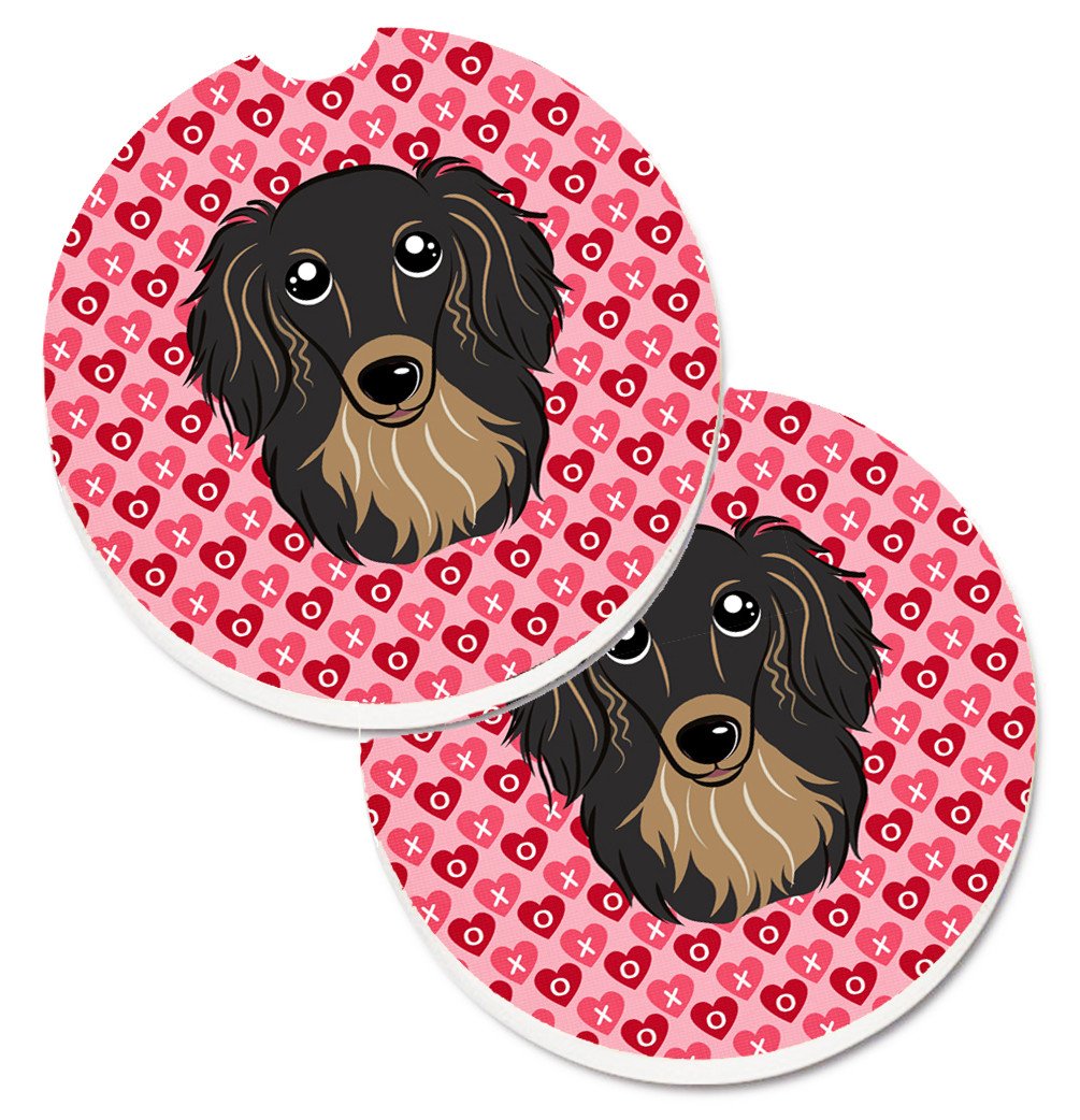 Longhair Black and Tan Dachshund Hearts Set of 2 Cup Holder Car Coasters BB5283CARC by Caroline&#39;s Treasures
