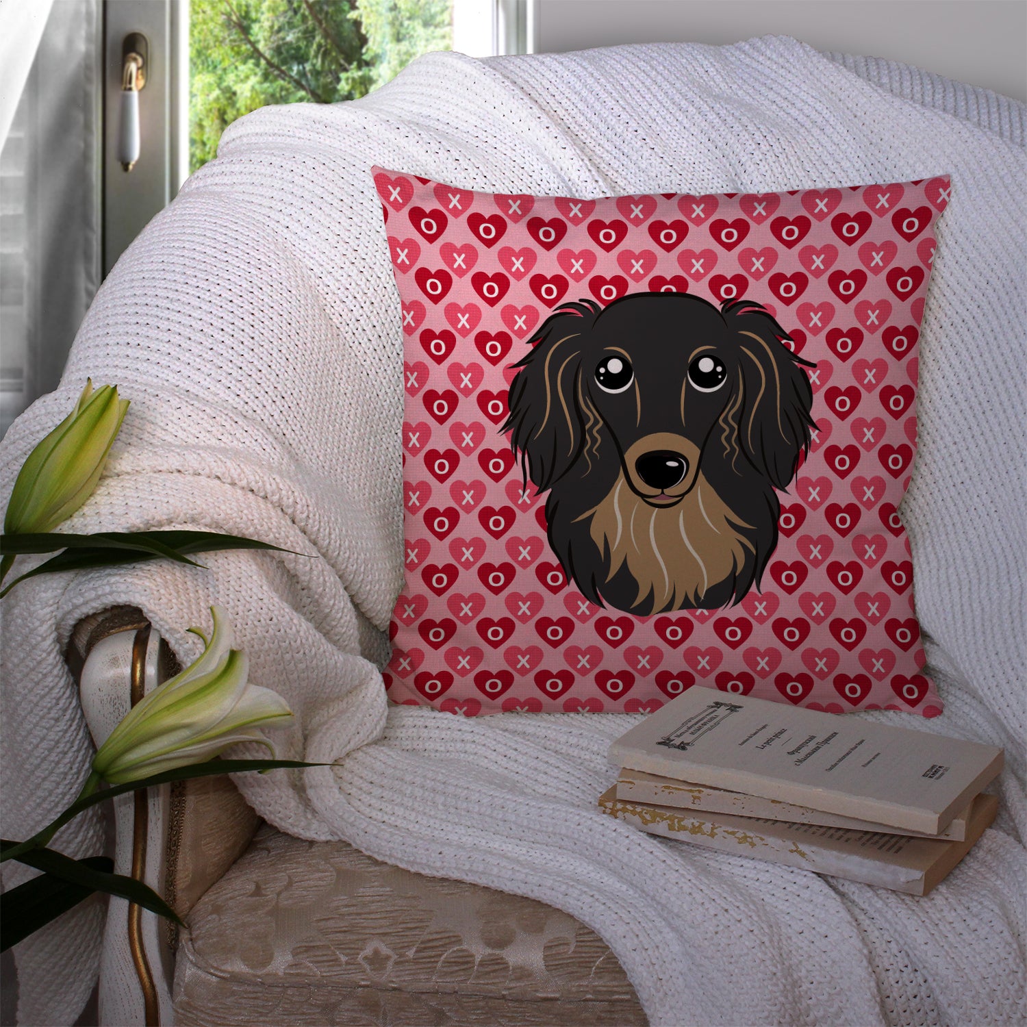 Longhair Black and Tan Dachshund Hearts Fabric Decorative Pillow BB5283PW1414 - the-store.com