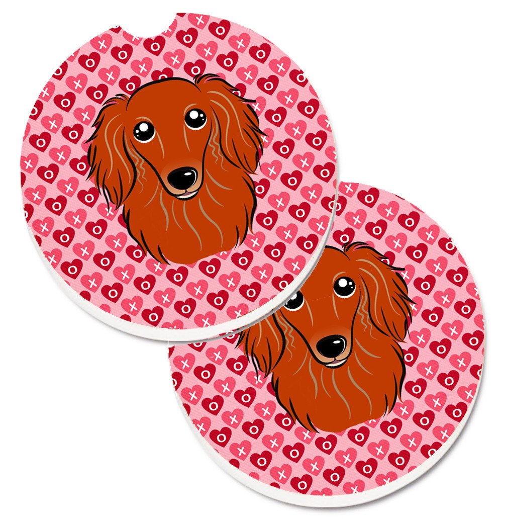 Longhair Red Dachshund Hearts Set of 2 Cup Holder Car Coasters BB5284CARC by Caroline&#39;s Treasures