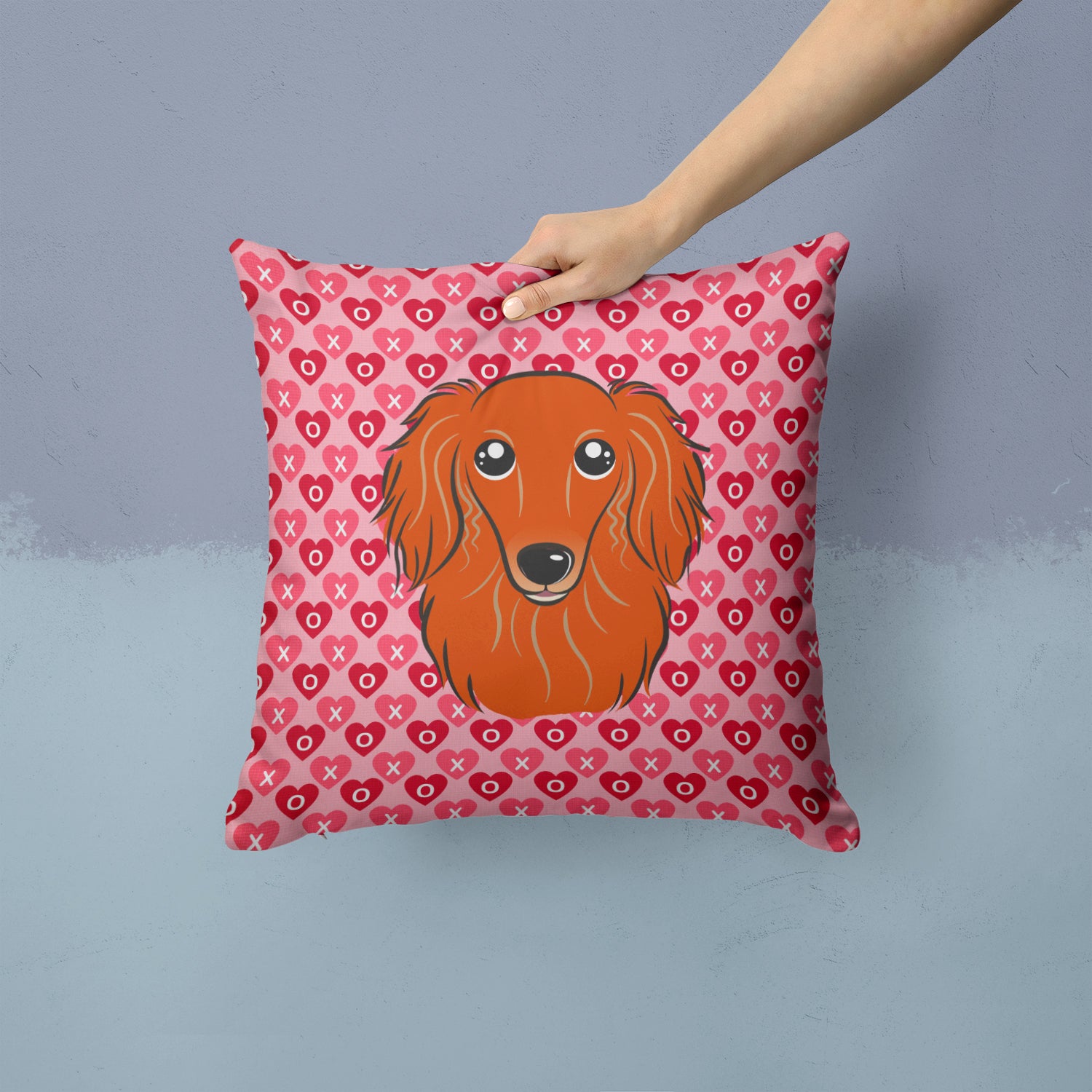 Longhair Red Dachshund Hearts Fabric Decorative Pillow BB5284PW1414 - the-store.com