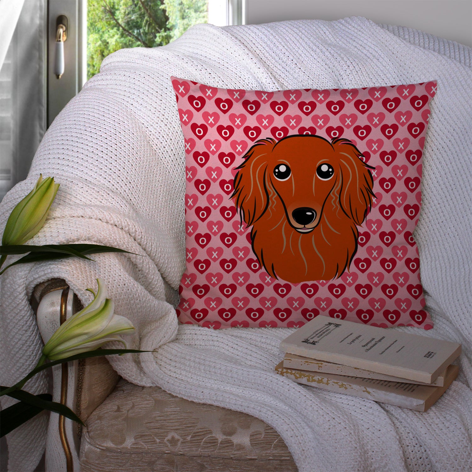 Longhair Red Dachshund Hearts Fabric Decorative Pillow BB5284PW1414 - the-store.com