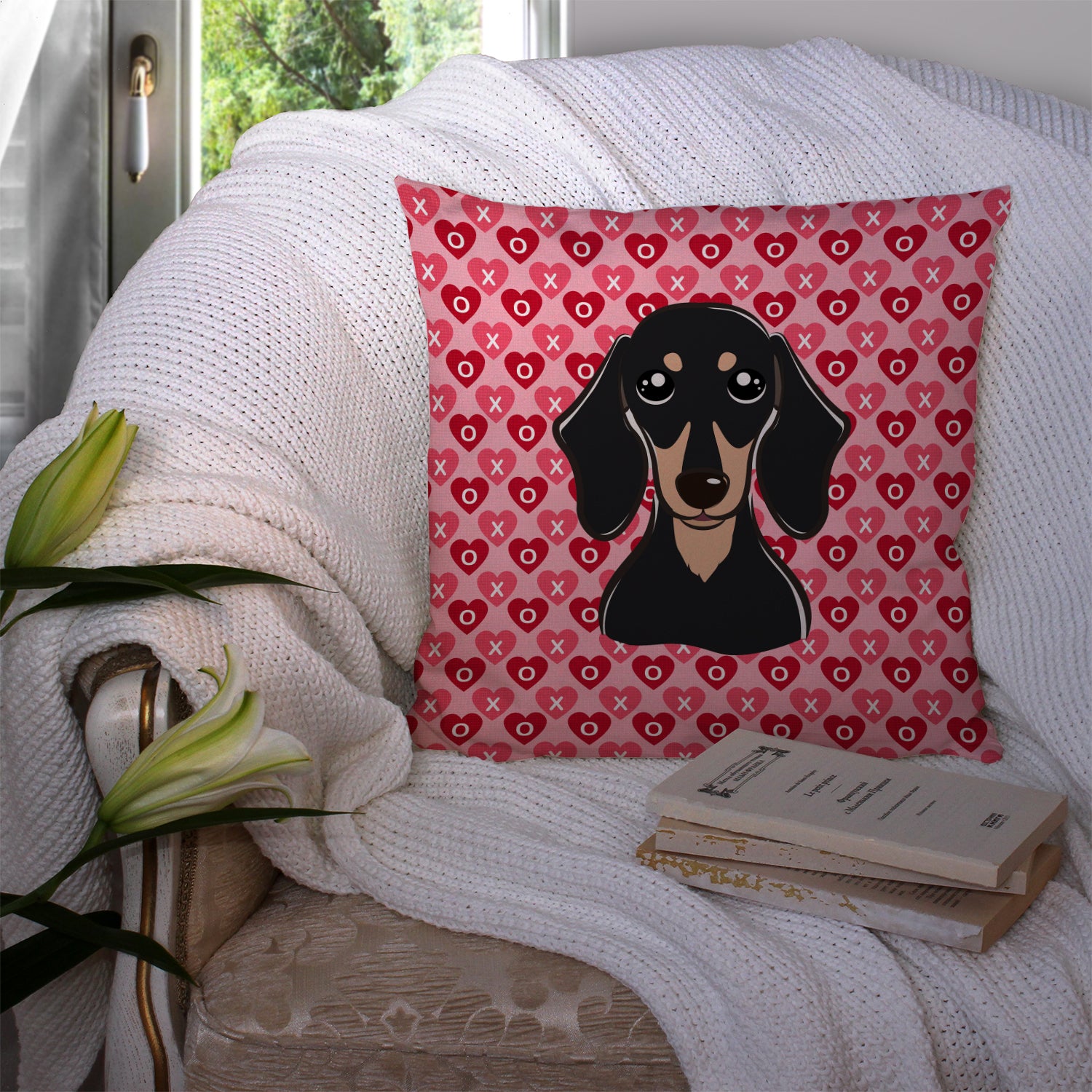Smooth Black and Tan Dachshund Hearts Fabric Decorative Pillow BB5285PW1414 - the-store.com