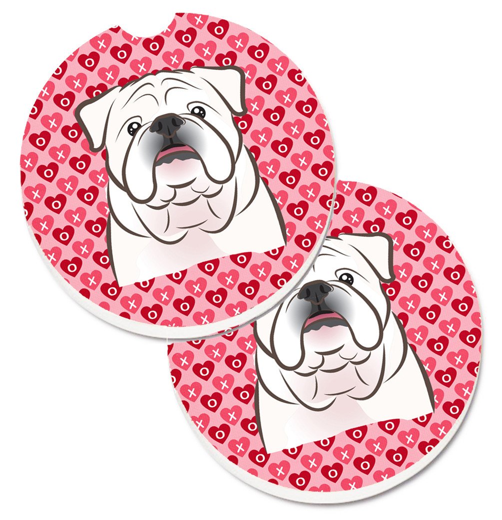 White English Bulldog  Hearts Set of 2 Cup Holder Car Coasters BB5290CARC by Caroline&#39;s Treasures