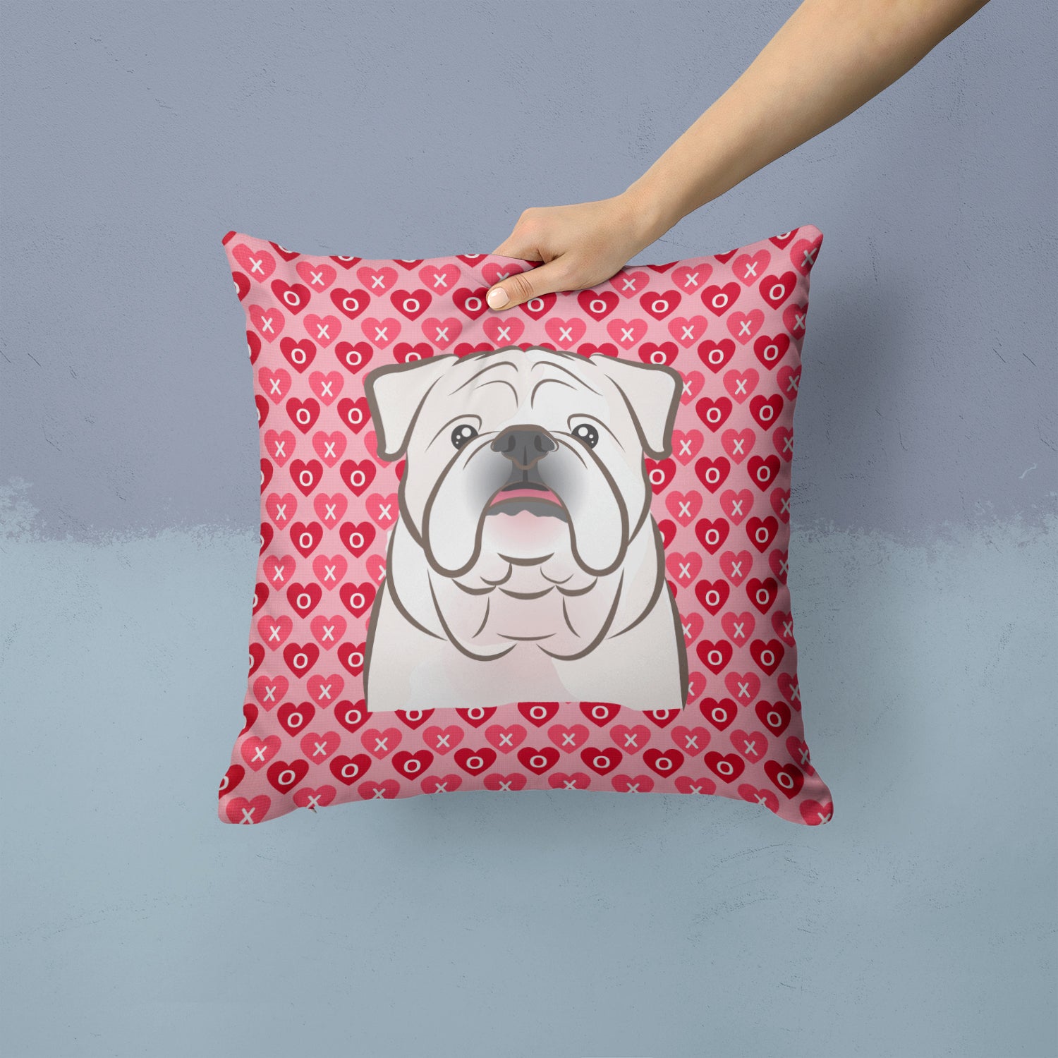White English Bulldog  Hearts Fabric Decorative Pillow BB5290PW1414 - the-store.com