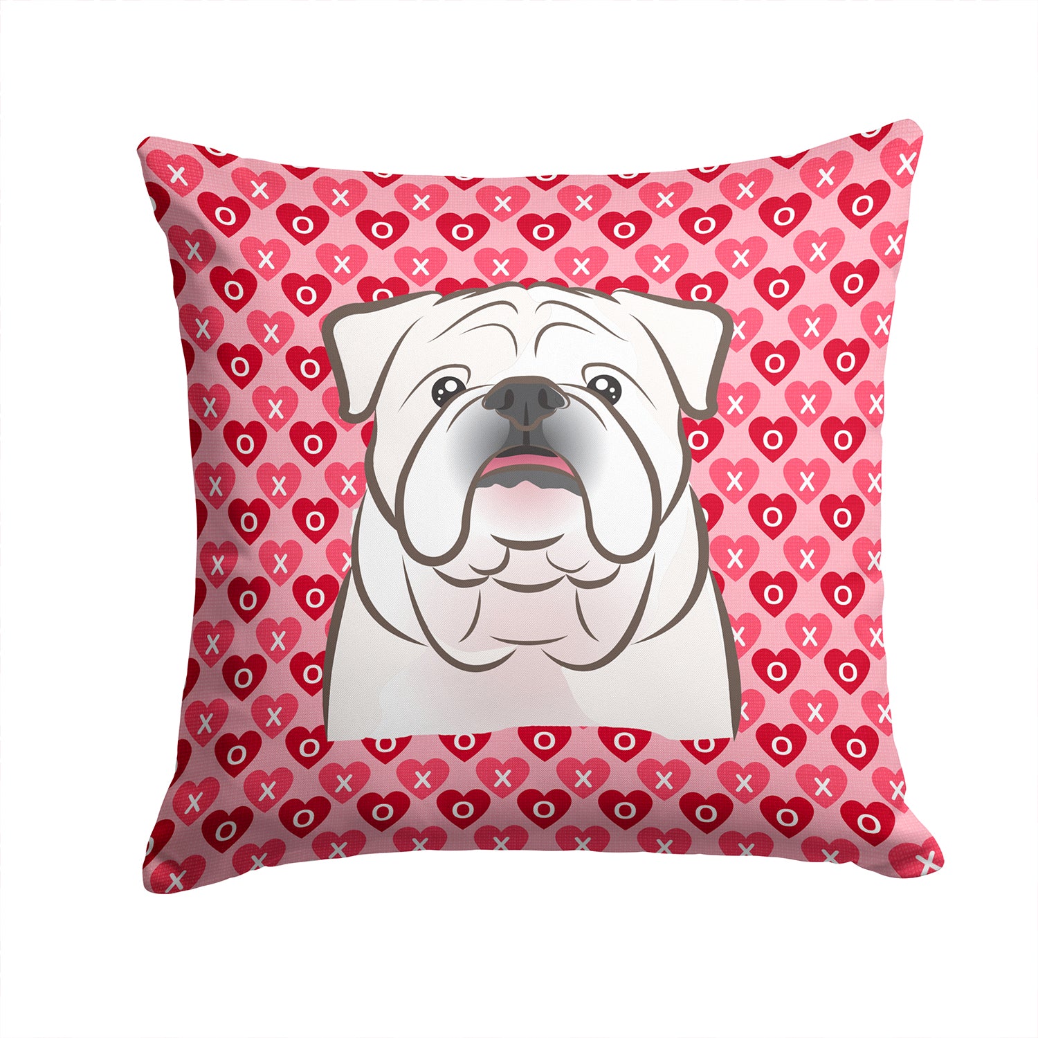 White English Bulldog  Hearts Fabric Decorative Pillow BB5290PW1414 - the-store.com