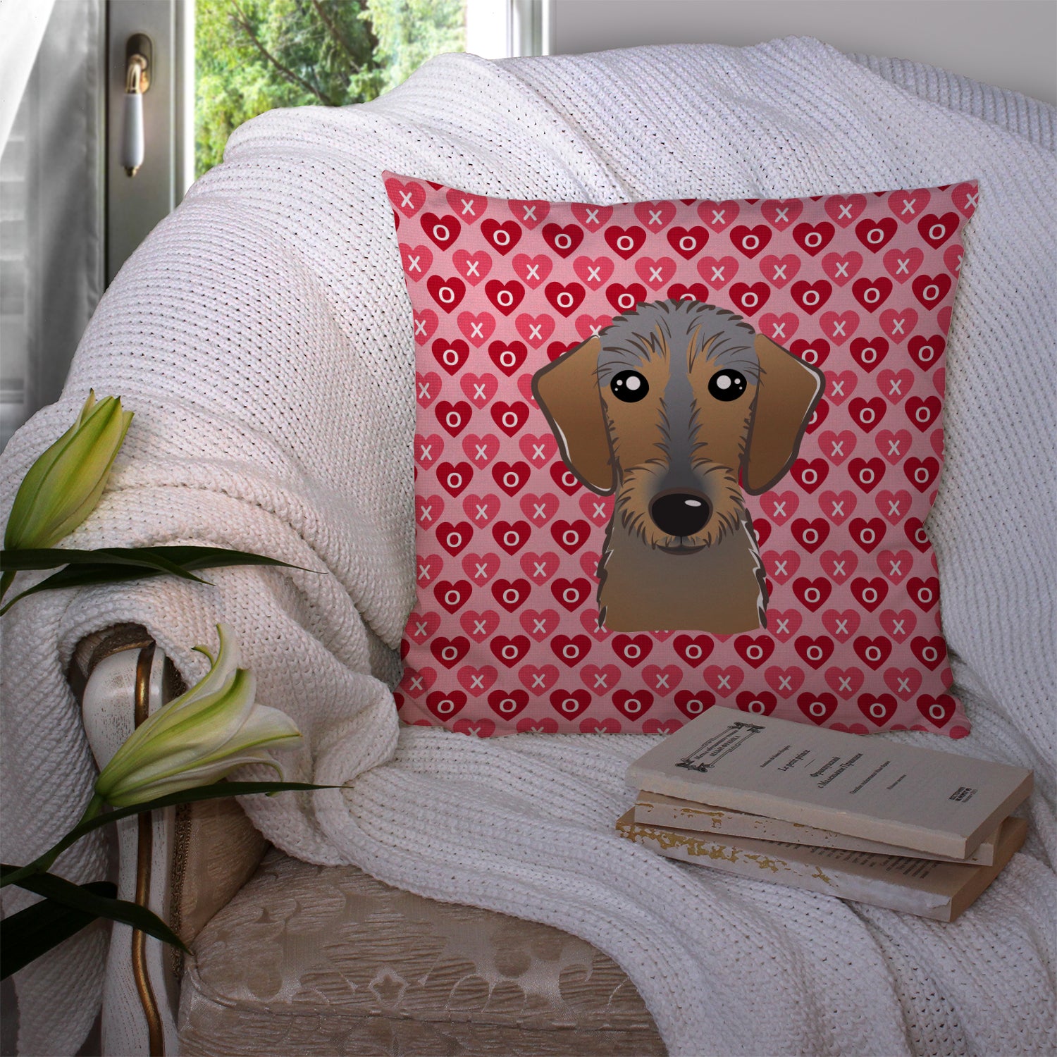 Wirehaired Dachshund Hearts Fabric Decorative Pillow BB5303PW1414 - the-store.com