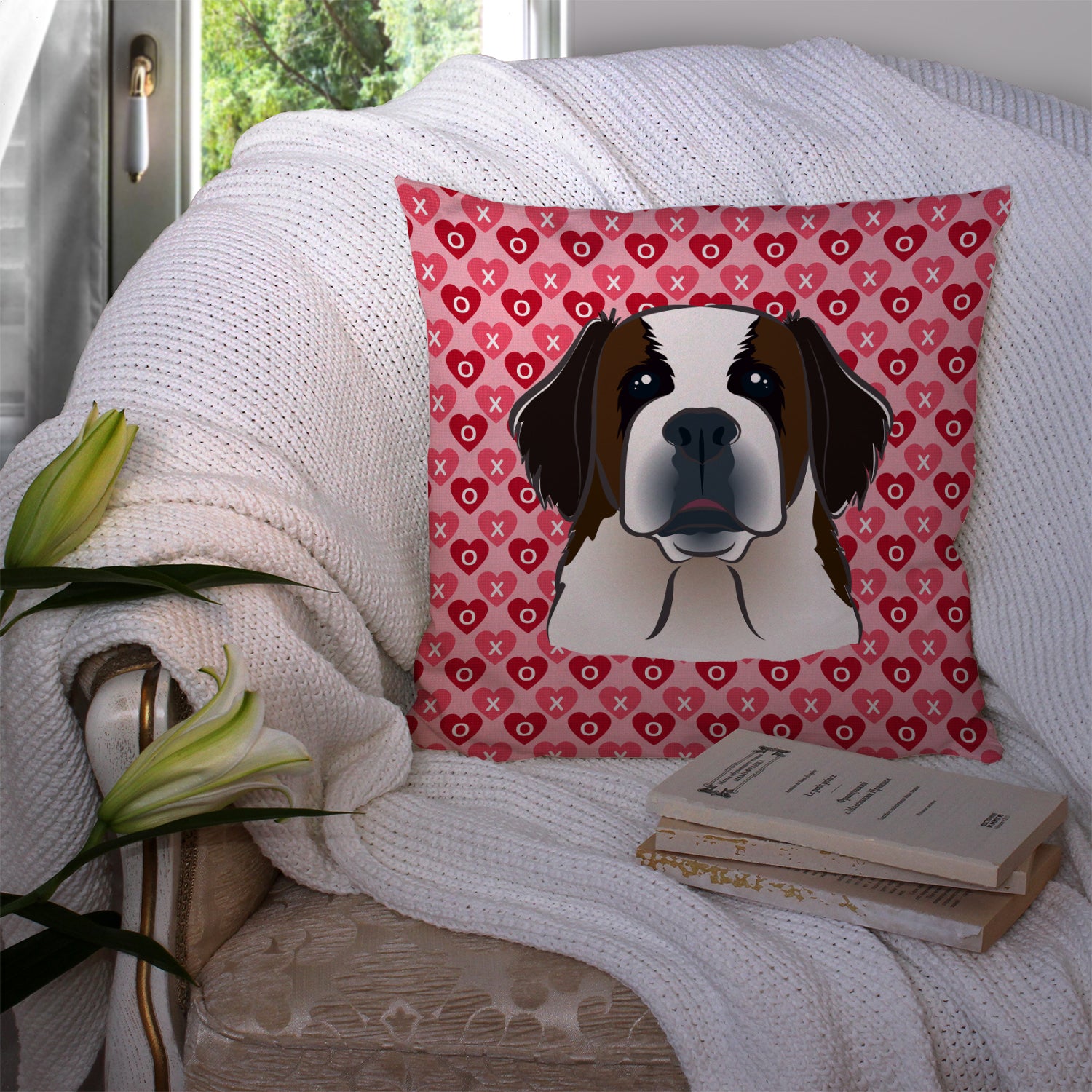 Saint Bernard Hearts Fabric Decorative Pillow BB5316PW1414 - the-store.com