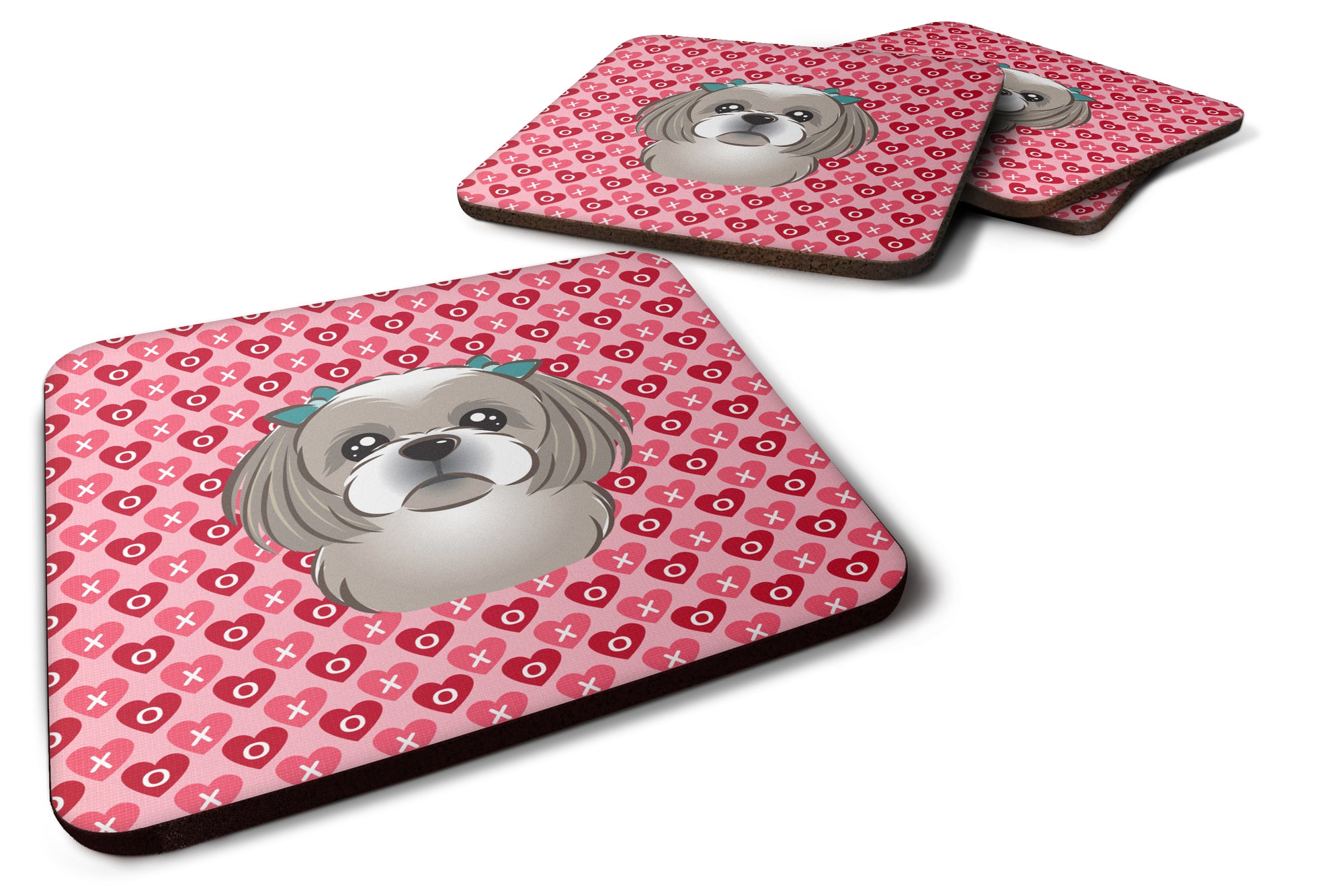 Gray Silver Shih Tzu Hearts Foam Coaster Set of 4 BB5320FC - the-store.com