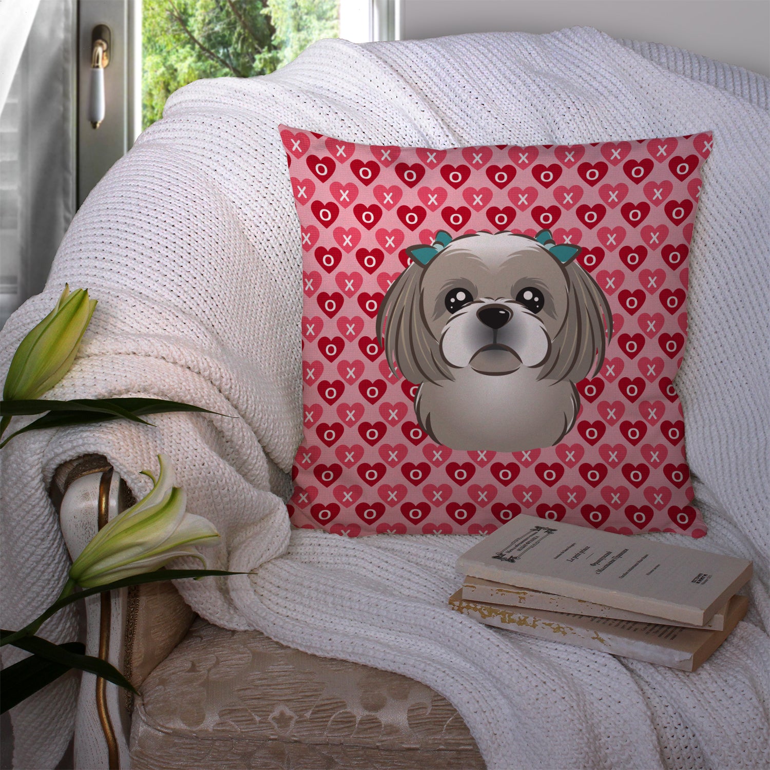 Gray Silver Shih Tzu Hearts Fabric Decorative Pillow BB5320PW1414 - the-store.com