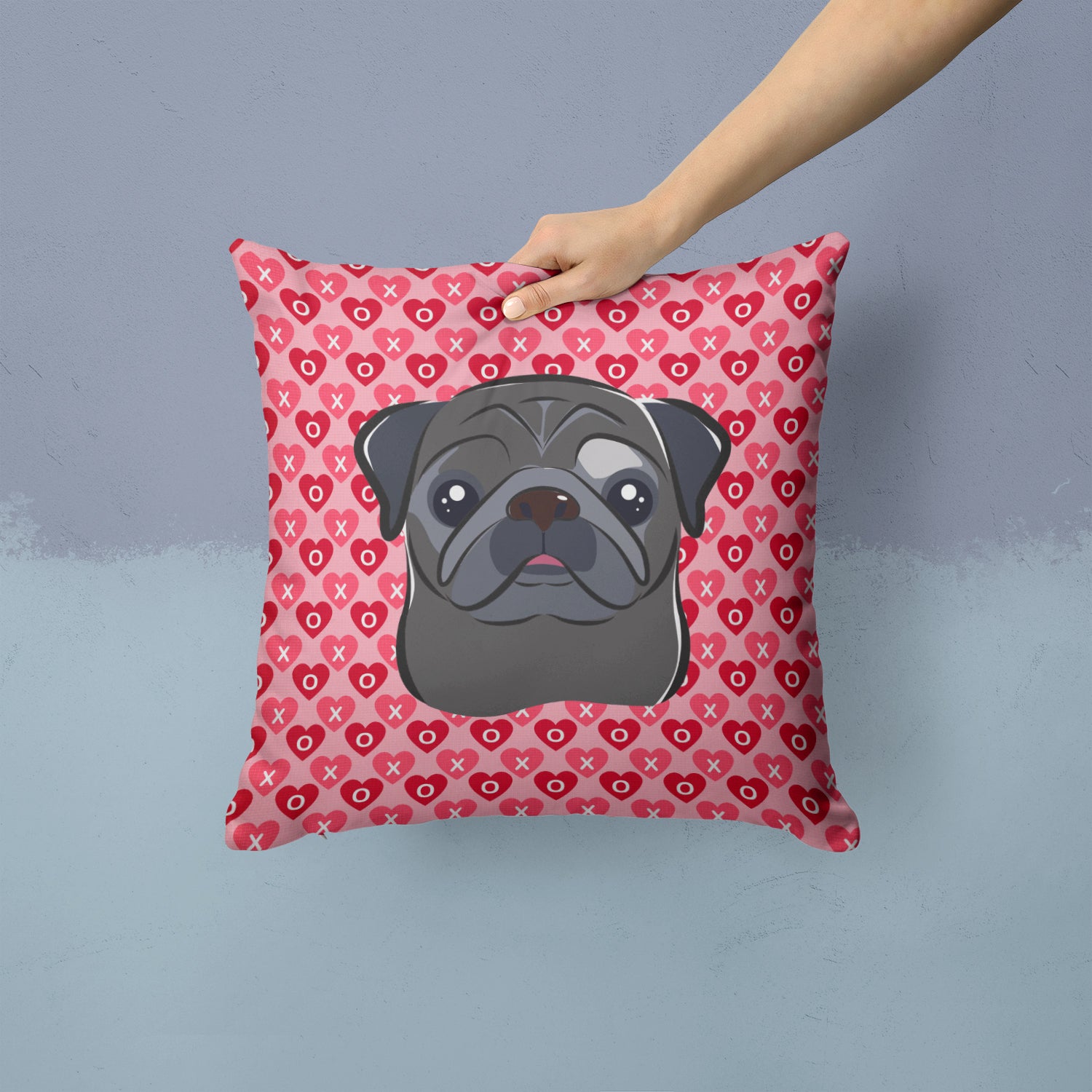 Black Pug Hearts Fabric Decorative Pillow BB5333PW1414 - the-store.com
