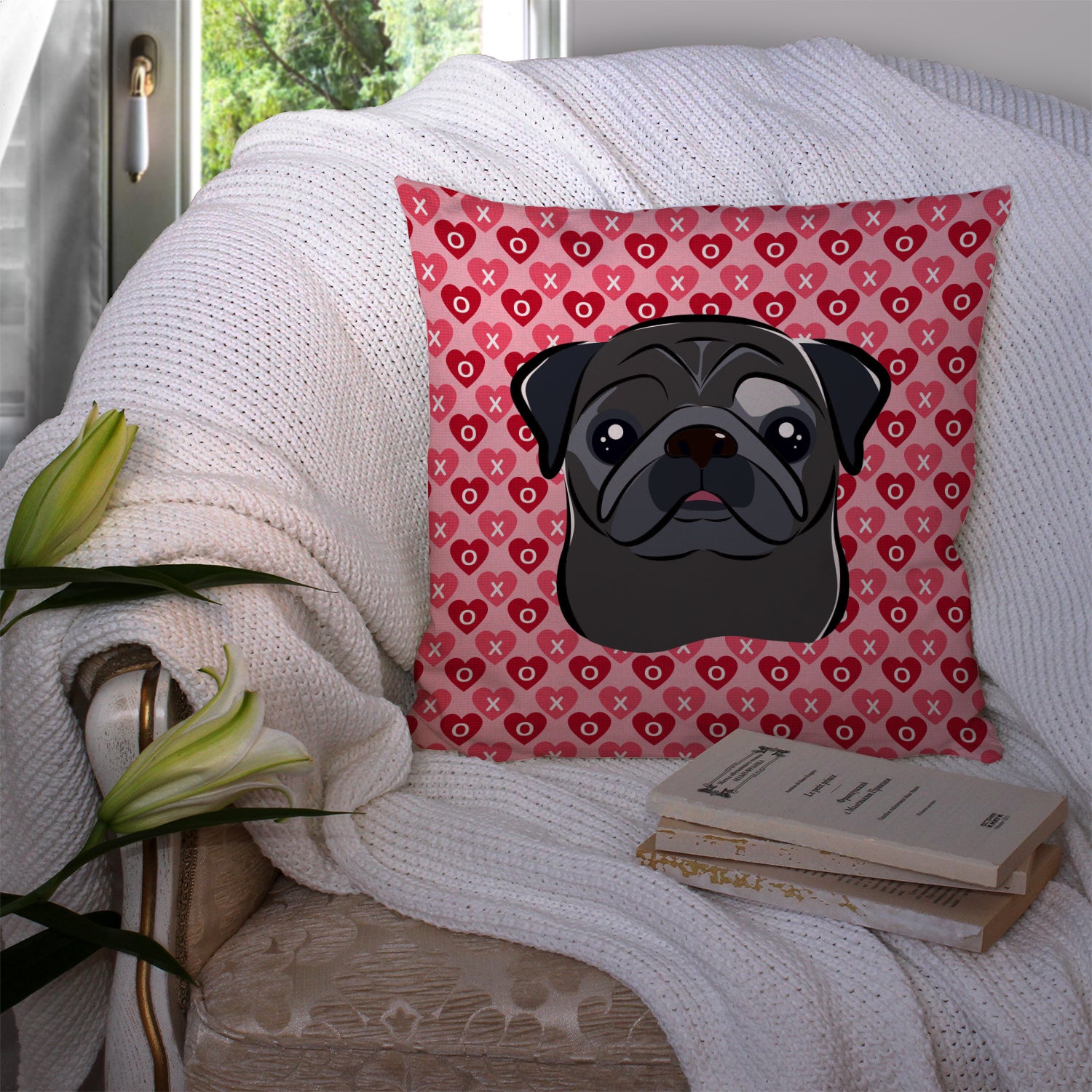 Black Pug Hearts Fabric Decorative Pillow BB5333PW1414 - the-store.com