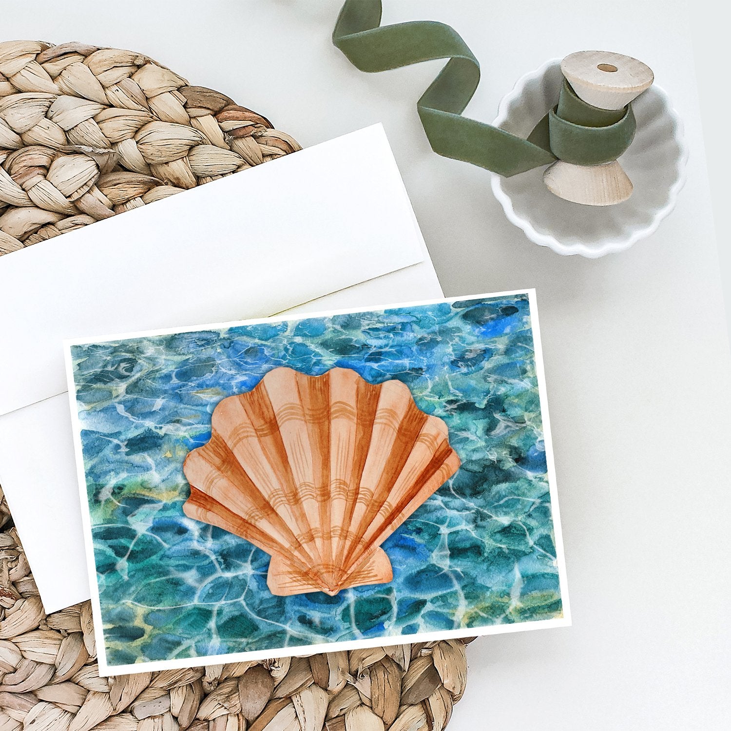 Scallop Shell and Water Greeting Cards and Envelopes Pack of 8 - the-store.com