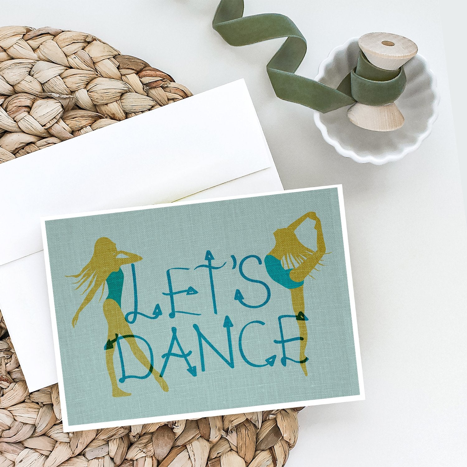 Let's Dance Linen Teal Greeting Cards and Envelopes Pack of 8 - the-store.com