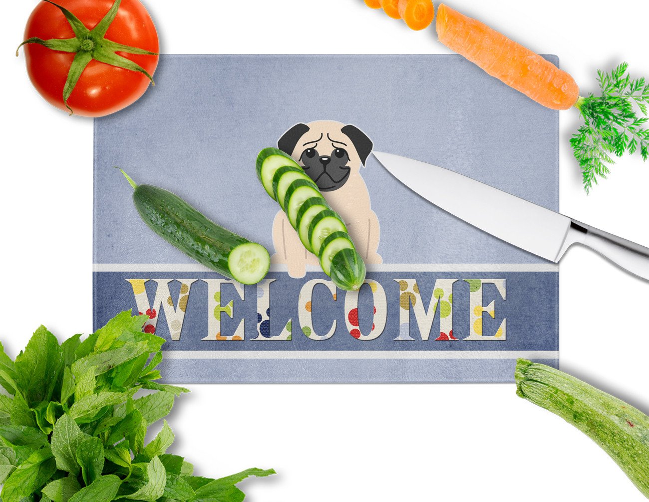 Pug Fawn Welcome Glass Cutting Board Large BB5589LCB by Caroline's Treasures