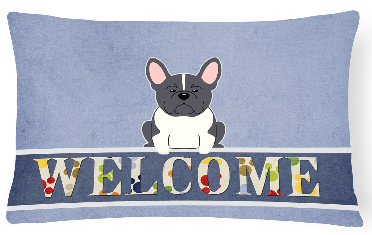 French Bulldog Black White Welcome Canvas Fabric Decorative Pillow BB5593PW1216 by Caroline&#39;s Treasures