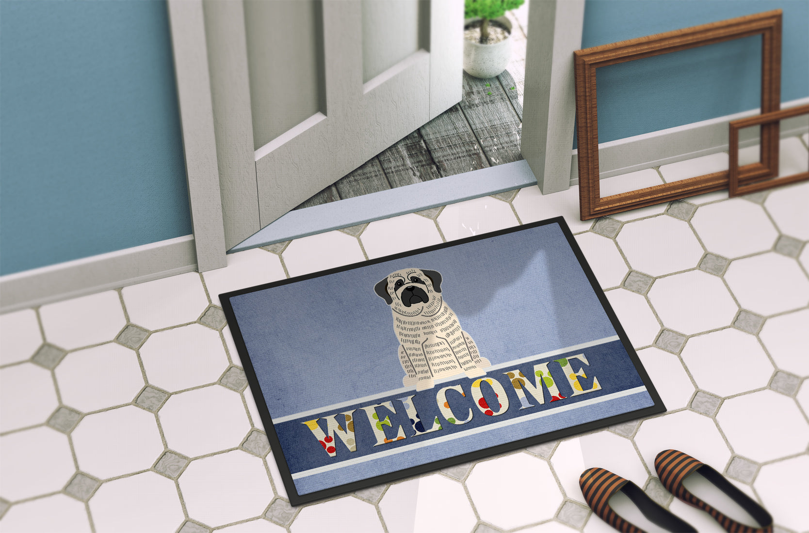 Mastiff Brindle White Welcome Indoor or Outdoor Mat 18x27 BB5597MAT - the-store.com