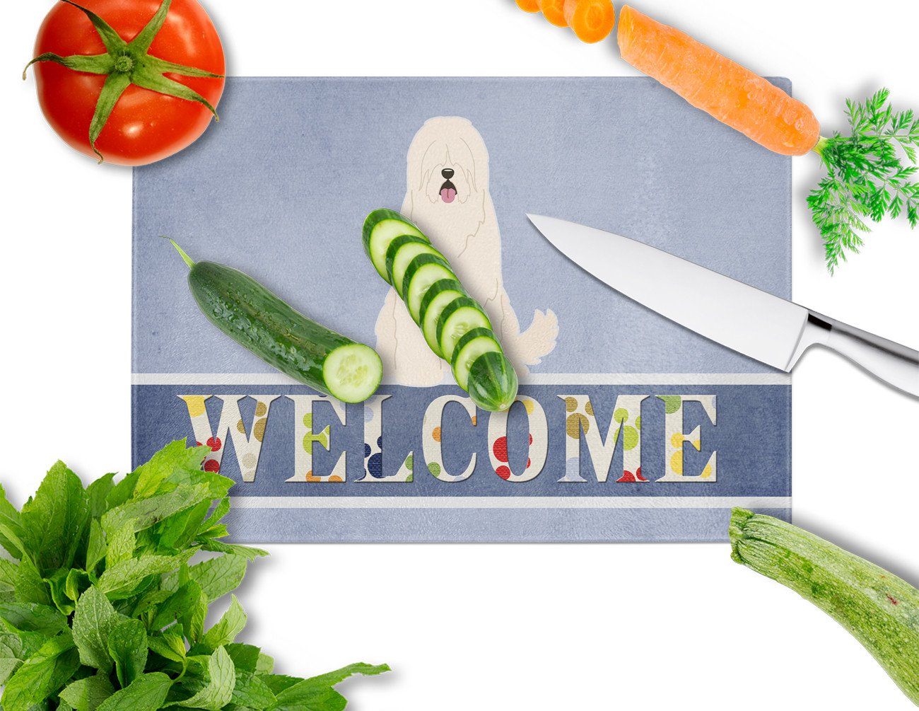 South Russian Sheepdog Welcome Glass Cutting Board Large BB5605LCB by Caroline's Treasures