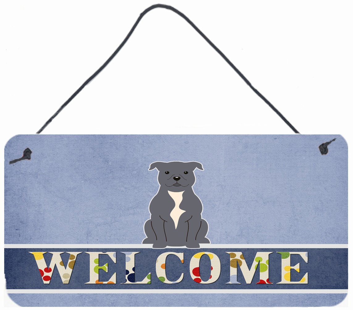 Staffordshire Bull Terrier Blue Welcome Wall or Door Hanging Prints BB5627DS812 by Caroline&#39;s Treasures