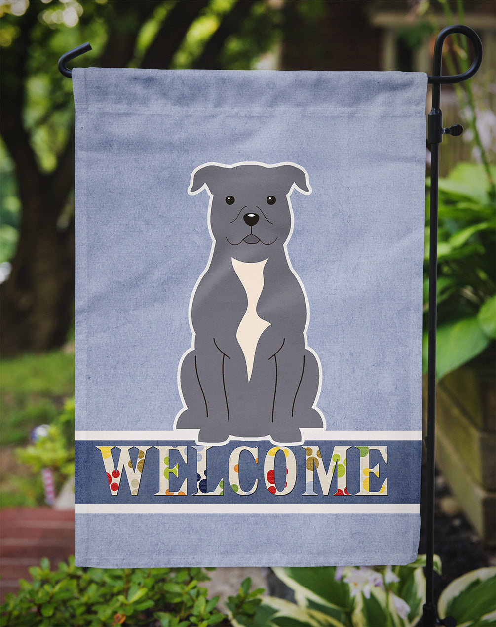 Staffordshire Bull Terrier Blue Welcome Flag Garden Size BB5627GF  the-store.com.