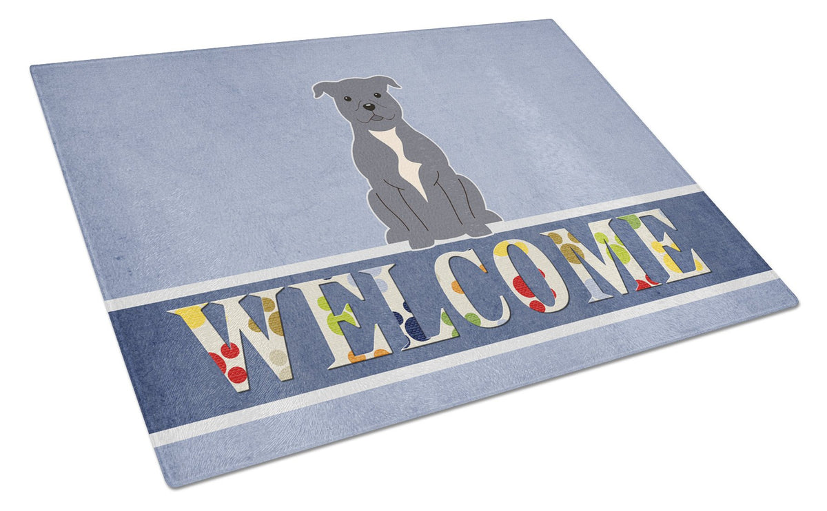 Staffordshire Bull Terrier Blue Welcome Glass Cutting Board Large BB5627LCB by Caroline&#39;s Treasures