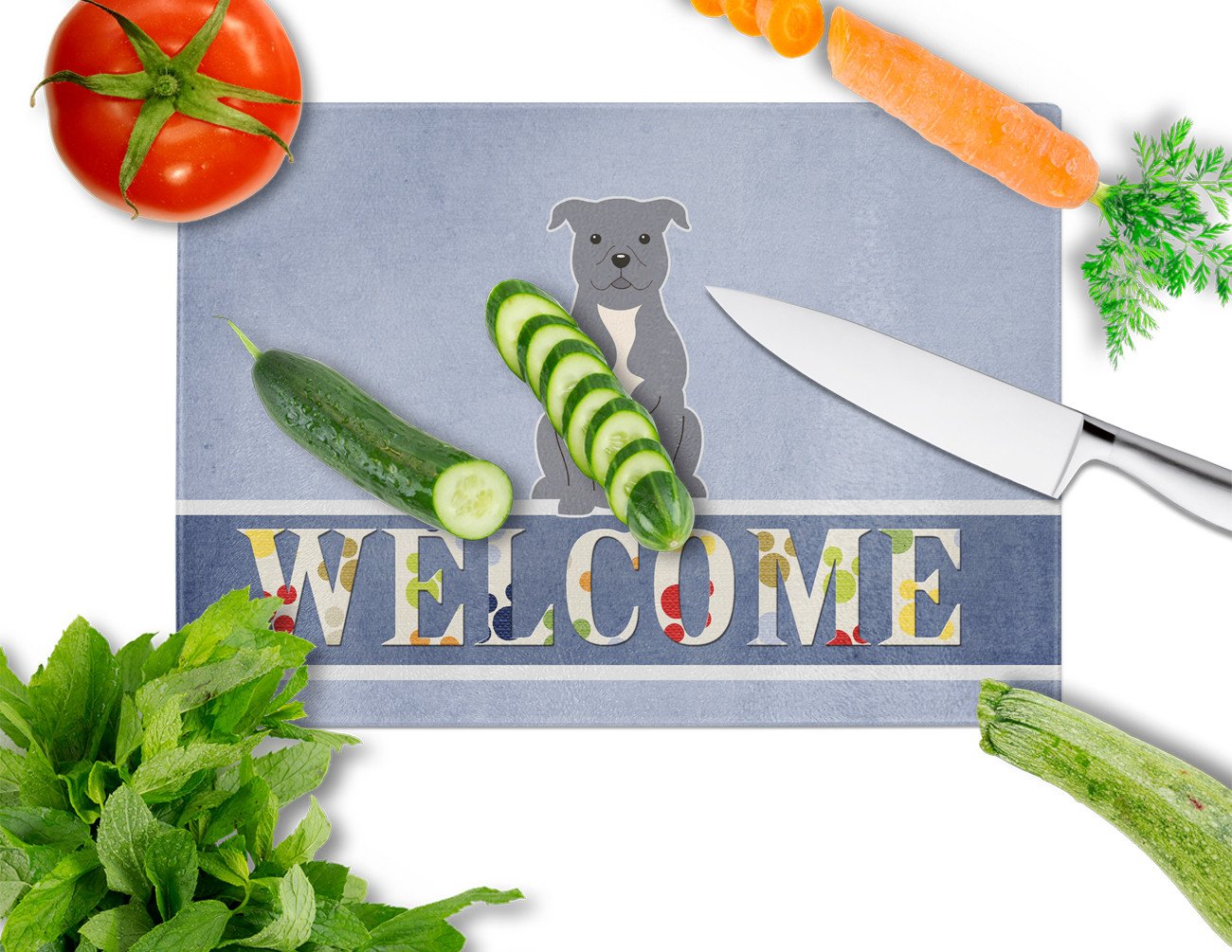 Staffordshire Bull Terrier Blue Welcome Glass Cutting Board Large BB5627LCB by Caroline's Treasures