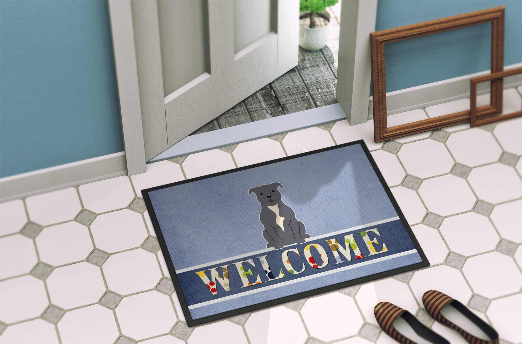 Staffordshire Bull Terrier Blue Welcome Indoor or Outdoor Mat 18x27 BB5627MAT - the-store.com