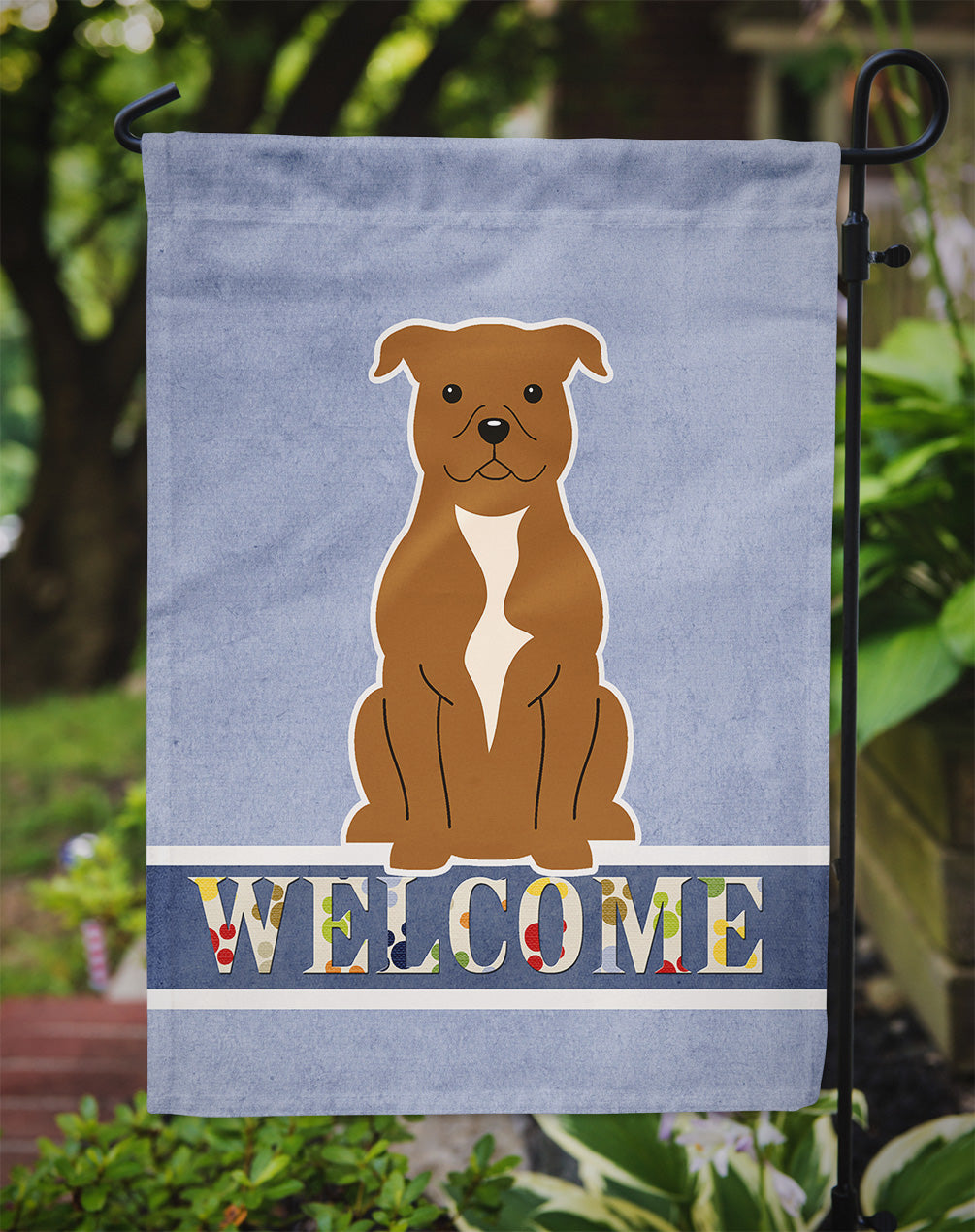 Staffordshire Bull Terrier Brown Welcome Flag Garden Size BB5628GF