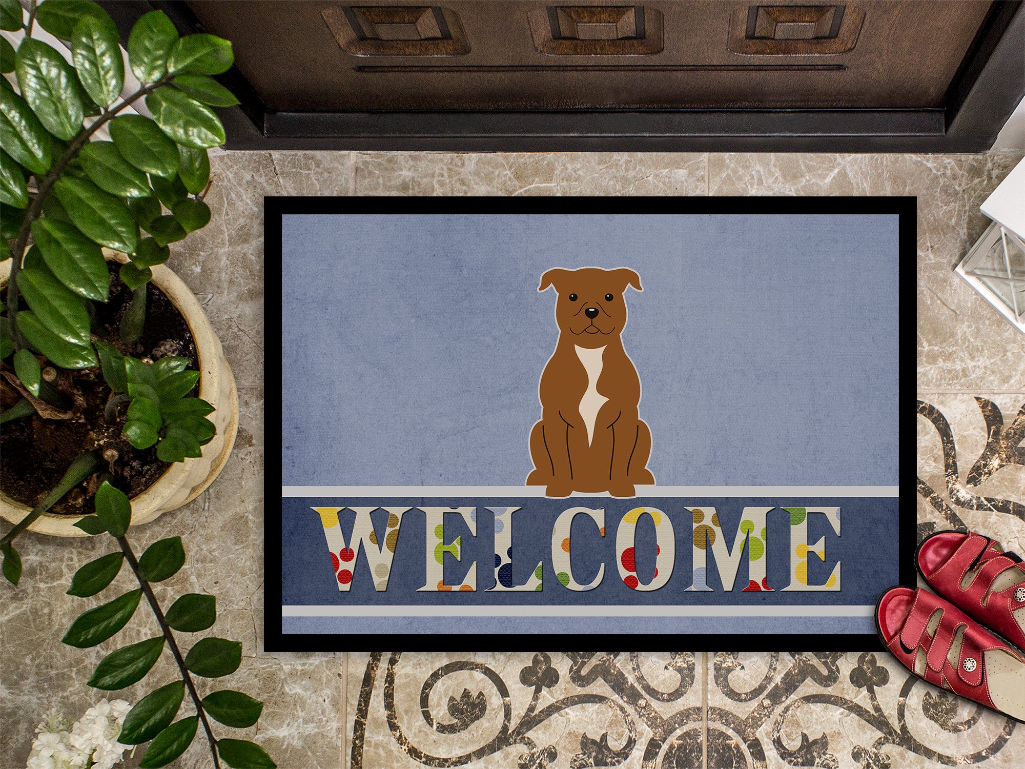 Staffordshire Bull Terrier Brown Welcome Indoor or Outdoor Mat 18x27 BB5628MAT - the-store.com
