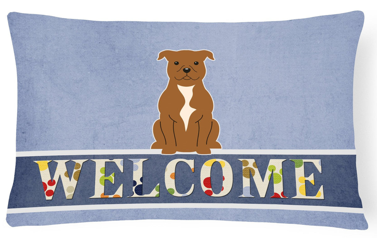 Staffordshire Bull Terrier Brown Welcome Canvas Fabric Decorative Pillow BB5628PW1216 by Caroline&#39;s Treasures