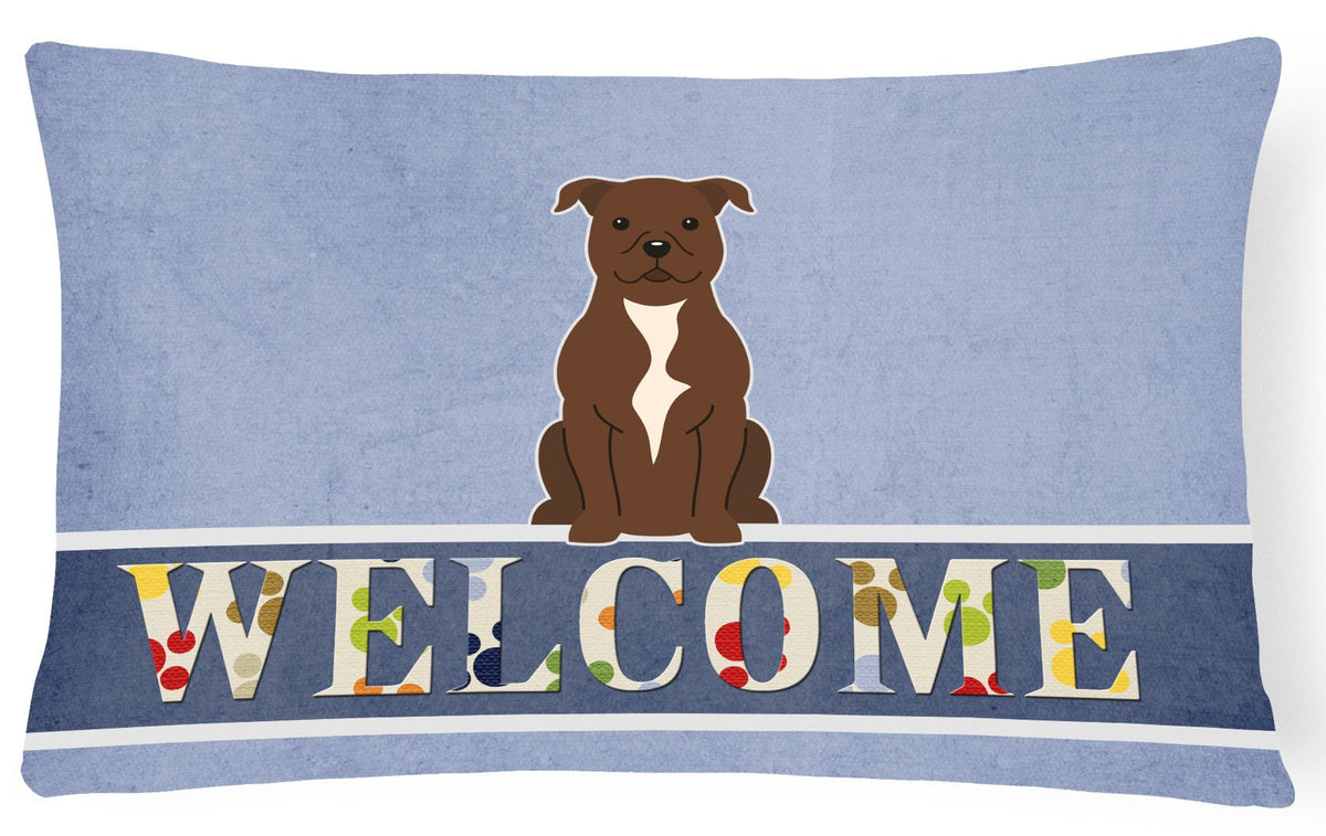 Staffordshire Bull Terrier Chocolate Welcome Canvas Fabric Decorative Pillow BB5629PW1216 by Caroline&#39;s Treasures