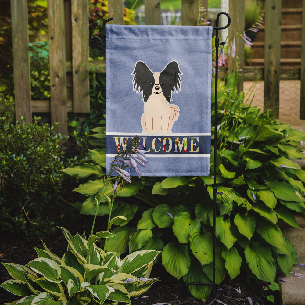 Caroline's Treasures Papillon Black White Welcome Garden Flag - Outdoor Decorative Yard Flag BB5657GF