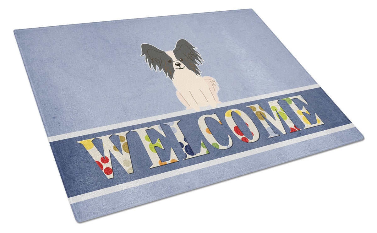 Papillon Black White Welcome Glass Cutting Board Large BB5657LCB by Caroline&#39;s Treasures