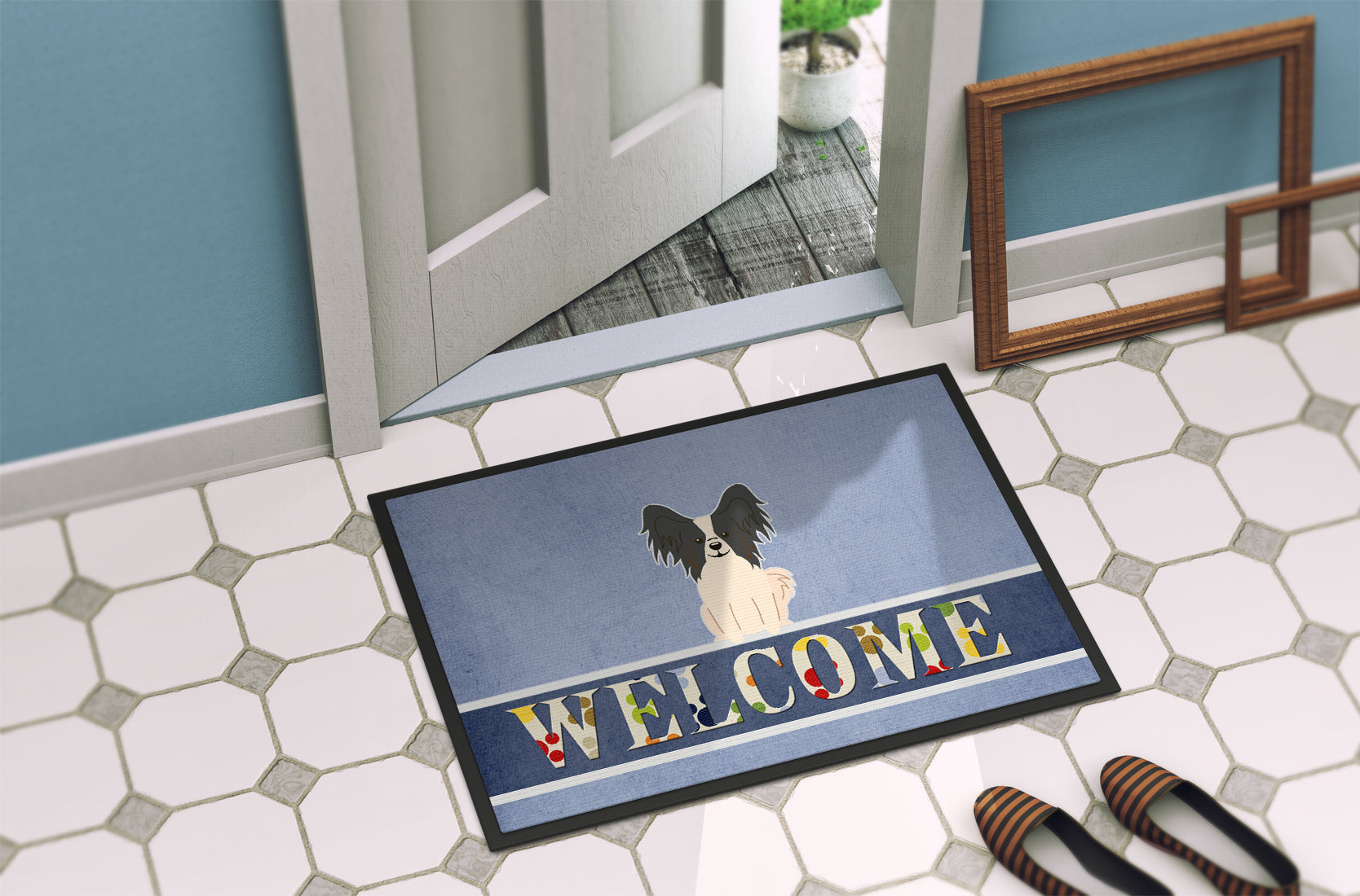Papillon Black White Welcome Indoor or Outdoor Mat 18x27 BB5657MAT - the-store.com