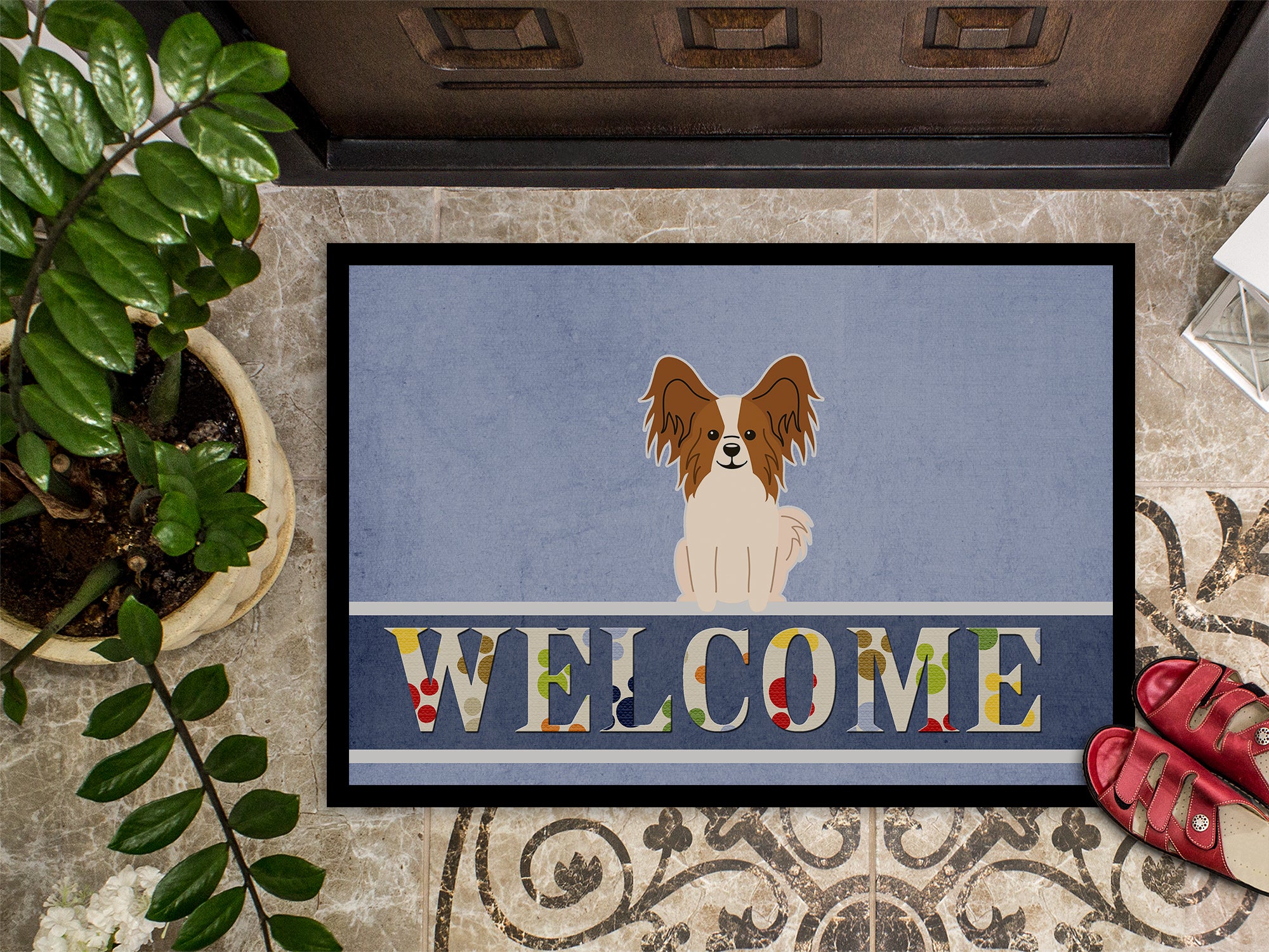 Papillon Red White Welcome Indoor or Outdoor Mat 18x27 BB5659MAT - the-store.com