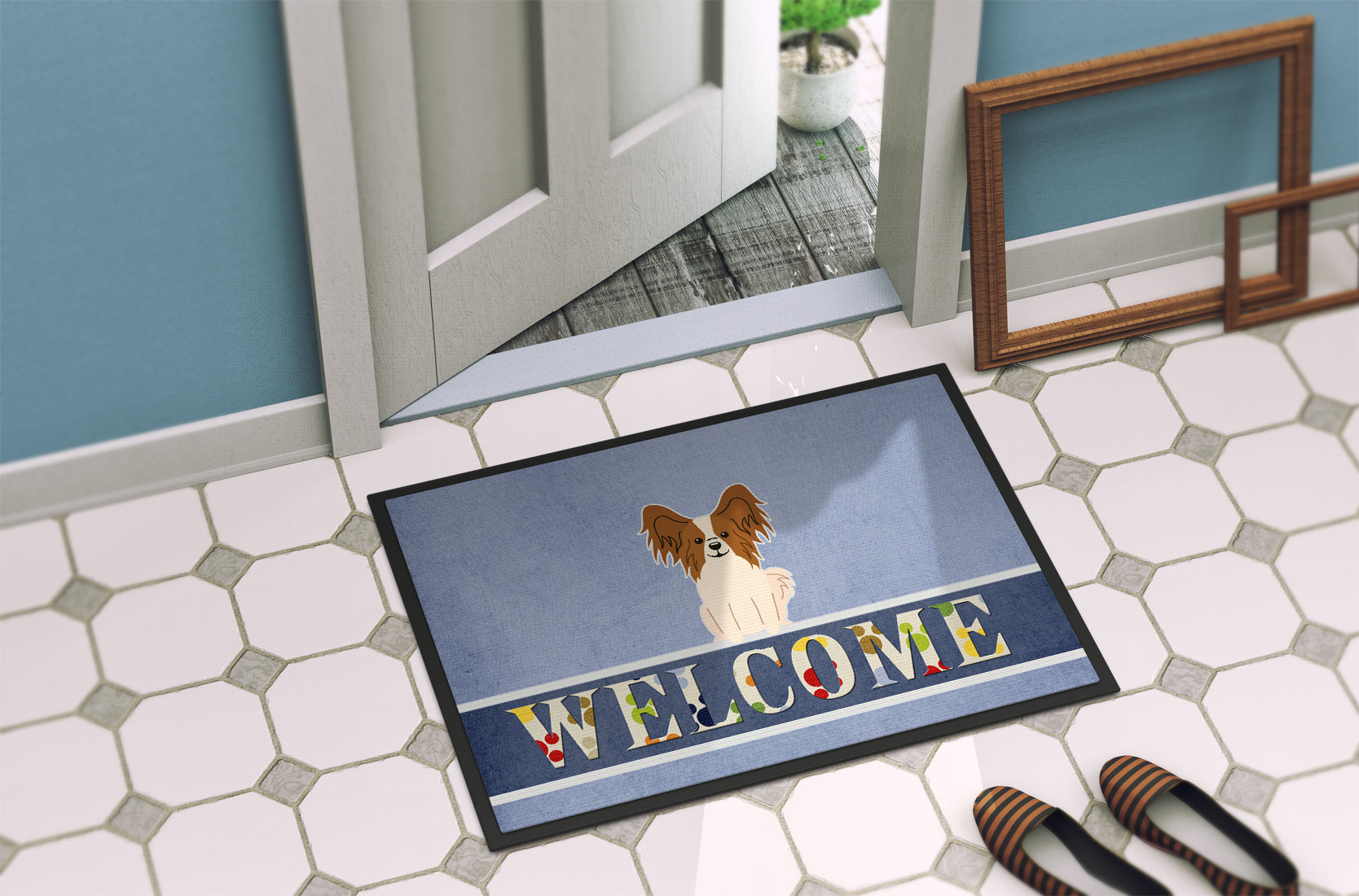 Papillon Red White Welcome Indoor or Outdoor Mat 18x27 BB5659MAT - the-store.com