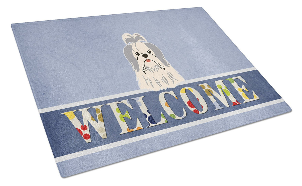 Shih Tzu Silver White Welcome Glass Cutting Board Large BB5666LCB by Caroline&#39;s Treasures