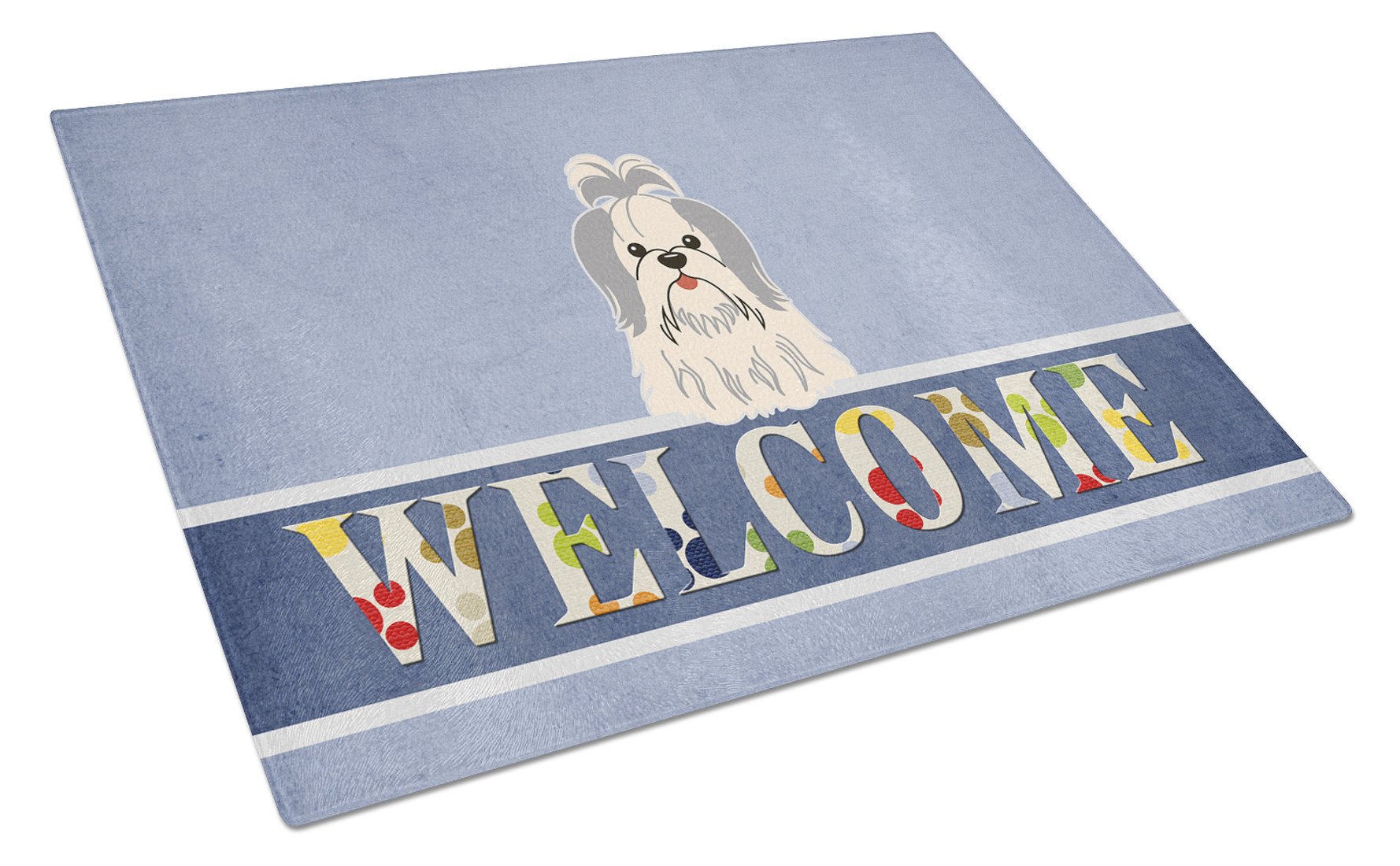 Shih Tzu Silver White Welcome Glass Cutting Board Large BB5666LCB by Caroline's Treasures