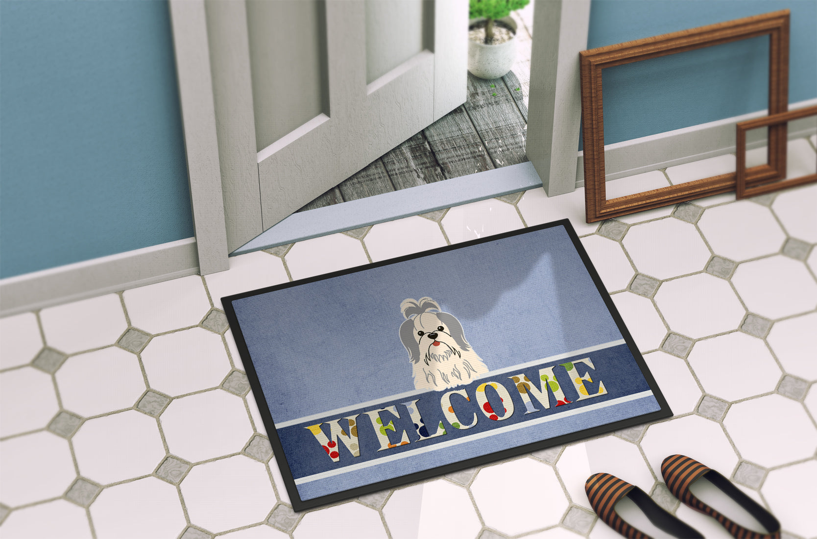 Shih Tzu Silver White Welcome Indoor or Outdoor Mat 18x27 BB5666MAT - the-store.com
