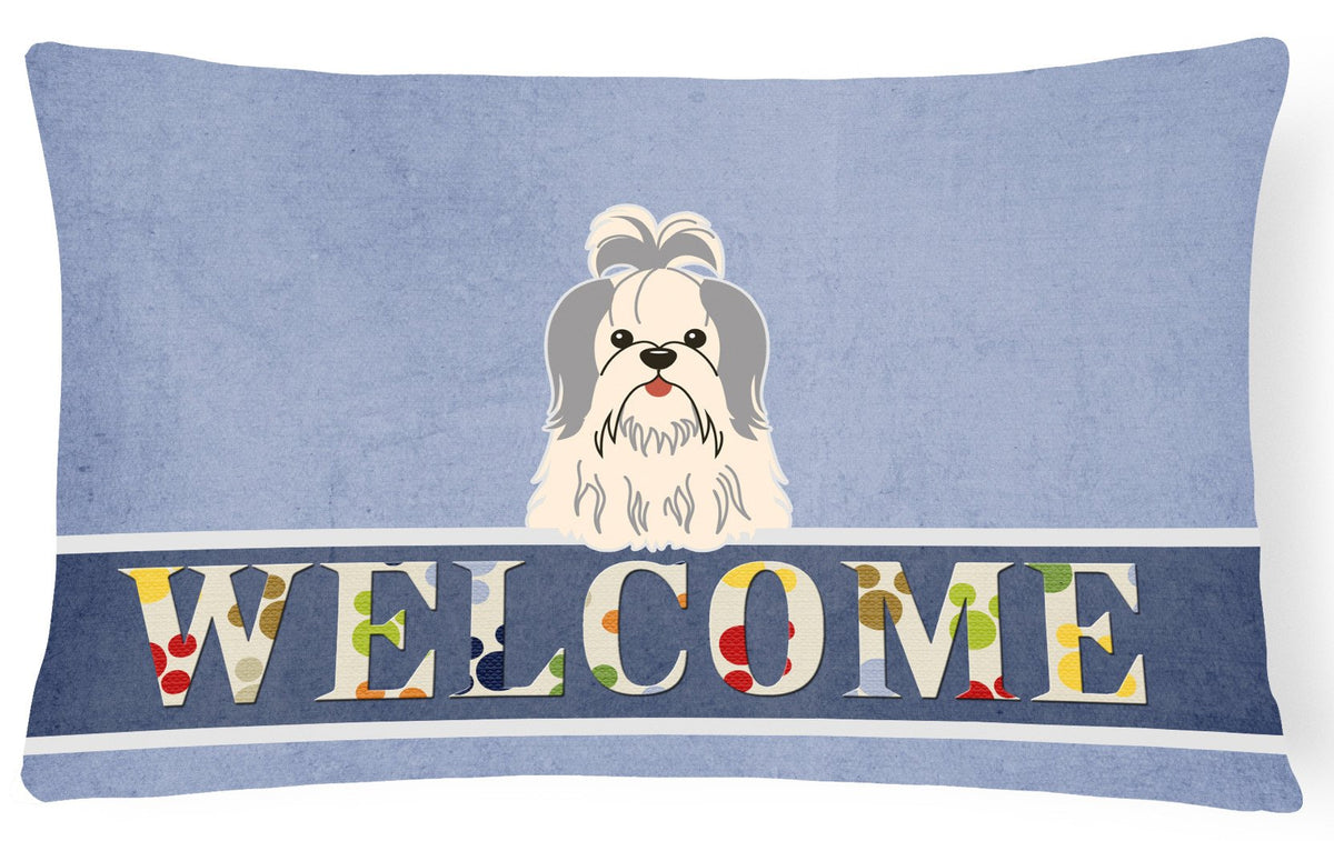 Shih Tzu Silver White Welcome Canvas Fabric Decorative Pillow BB5666PW1216 by Caroline&#39;s Treasures