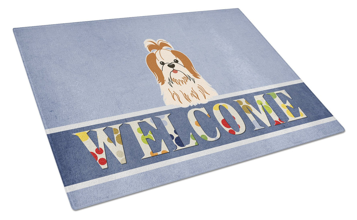 Shih Tzu Red White Welcome Glass Cutting Board Large BB5668LCB by Caroline&#39;s Treasures