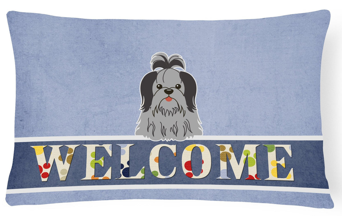 Shih Tzu Black Silver Welcome Canvas Fabric Decorative Pillow BB5670PW1216 by Caroline&#39;s Treasures
