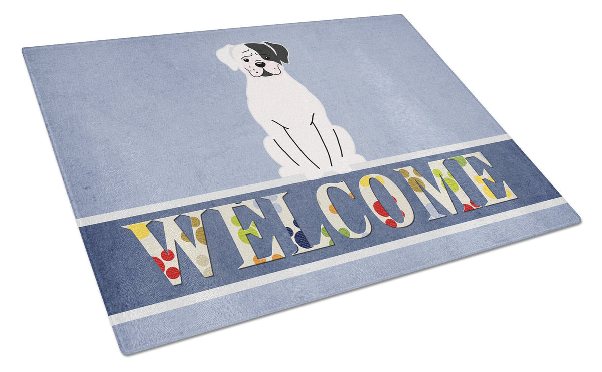 White Boxer Cooper Welcome Glass Cutting Board Large BB5695LCB by Caroline&#39;s Treasures