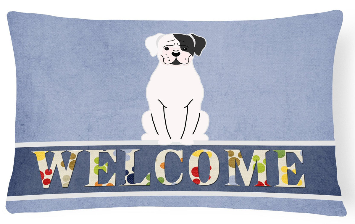 White Boxer Cooper Welcome Canvas Fabric Decorative Pillow BB5695PW1216 by Caroline&#39;s Treasures