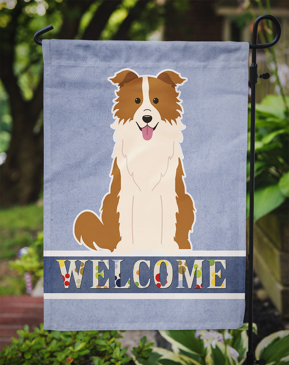 Border Collie Red White Welcome Flag Garden Size BB5700GF  the-store.com.
