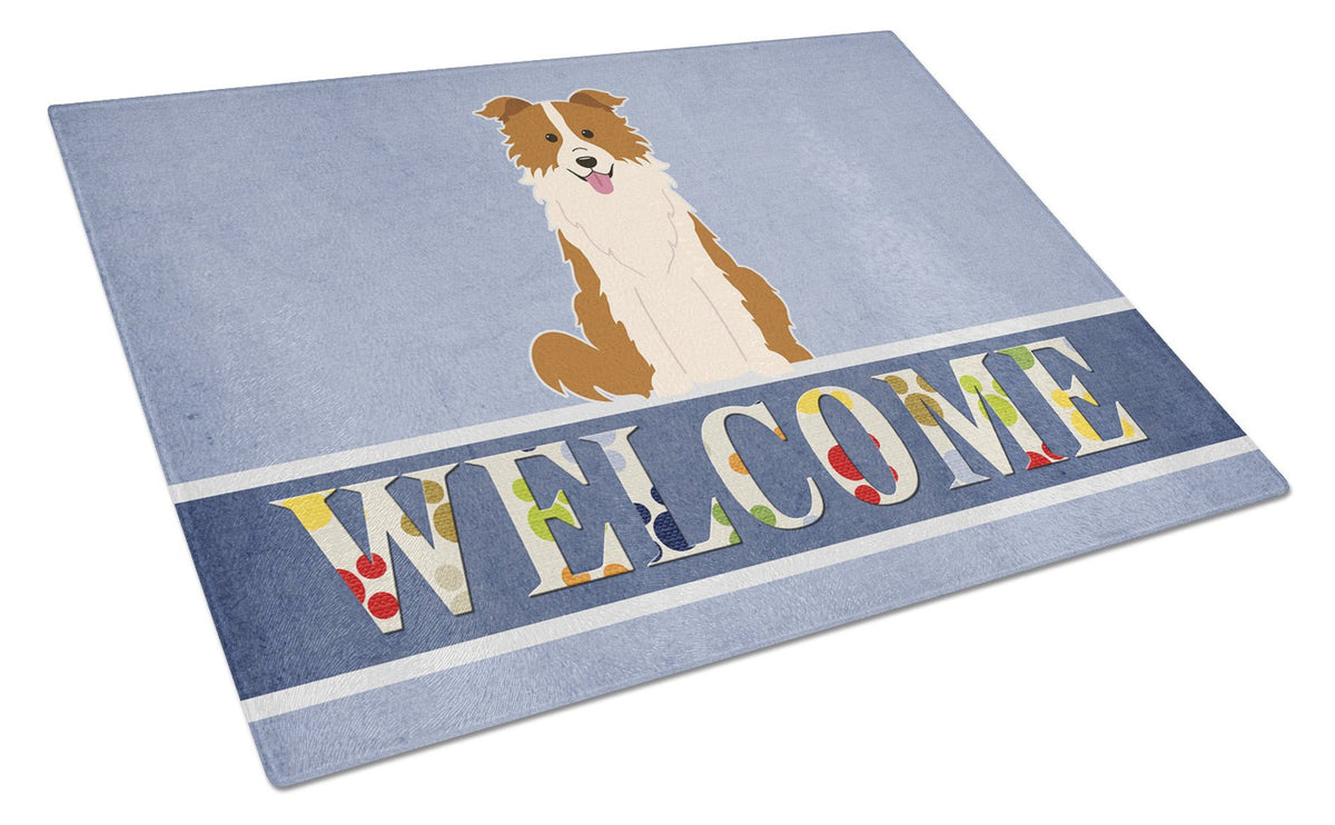 Border Collie Red White Welcome Glass Cutting Board Large BB5700LCB by Caroline&#39;s Treasures