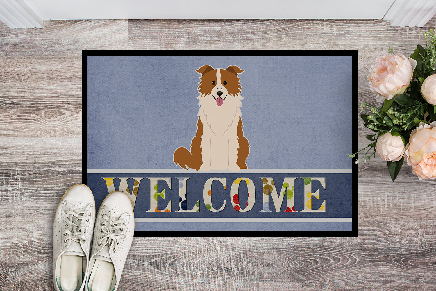 Border Collie Red White Welcome Indoor or Outdoor Mat 18x27 BB5700MAT - the-store.com