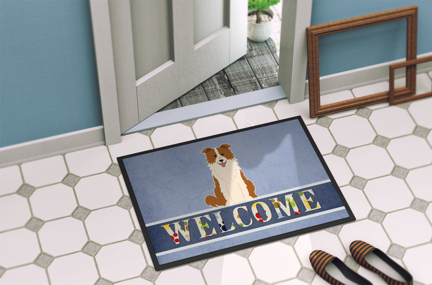 Border Collie Red White Welcome Indoor or Outdoor Mat 18x27 BB5700MAT - the-store.com